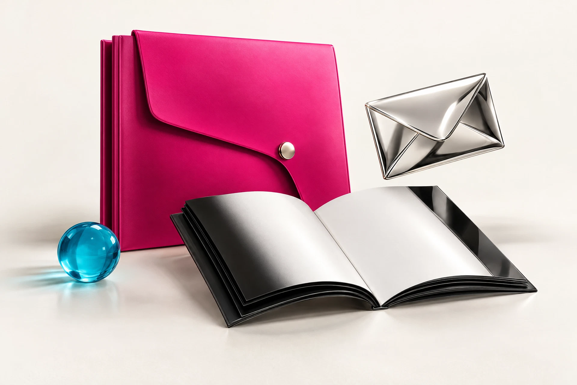 Editorial illustration of a campaign portfolio, media kit and envelope
