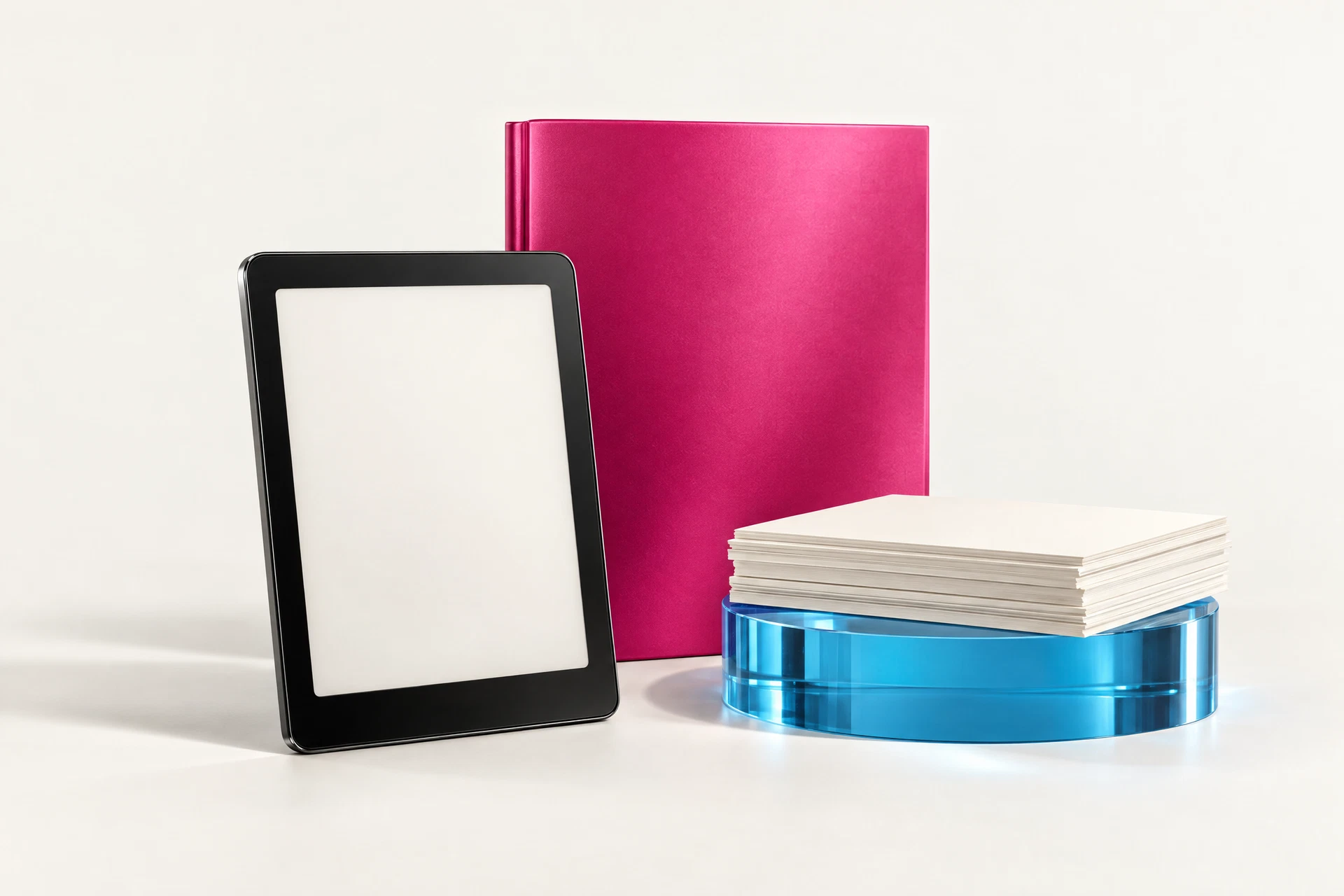 Editorial illustration of an e-reader, workbook and digital-template sheets
